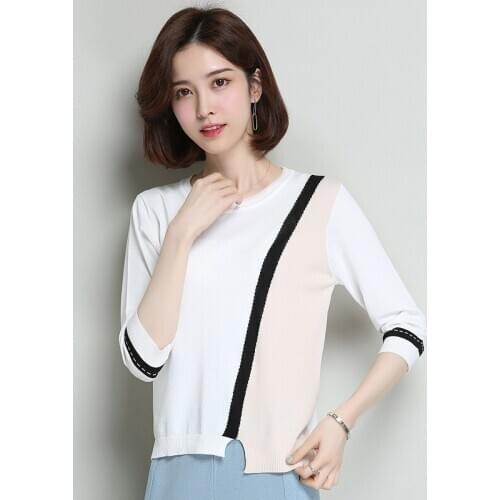 Summer T-shirt Women Korean Three-quarter Sleeve Round Collar Knitted Bottom Top Female Stripes Casual T-shirts Clothes H9314