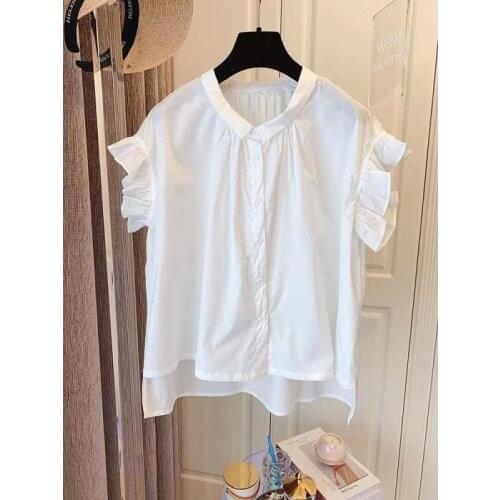 Ruffles Women White Shirts Summer New 2021 Turn-Down Collar Solid Flare Sleeved Loose Elegant Office Lady Outwear Tops