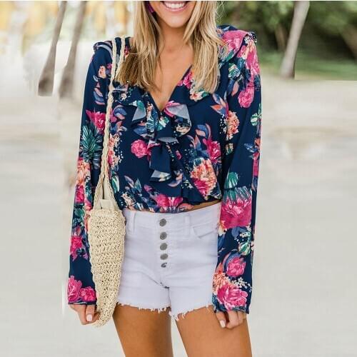 Womens Long Sleeved V Neck Floral Shirt Lotus Leaf New Spring And Autumn Fashion Wild Temperament Knitted Large Size Printed