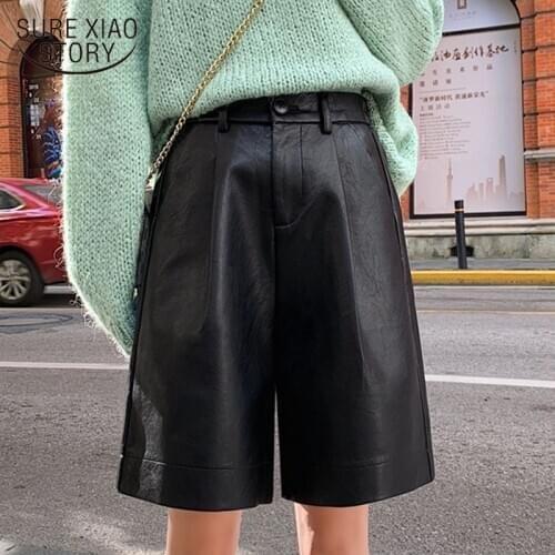 2021 Spring PU Leather Shorts Women Autumn Elastic Waist Loose Leather Trouser Plus Size Shorts Korean Style Fashion Clothes