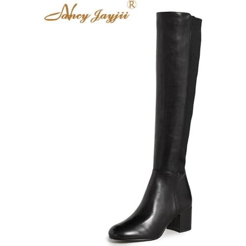 2021 Knee High Boots Black Solid Ladies Spring Autumn Square Heel Zipper Concise Leisure Shoes Woman Round Toe Classic Office