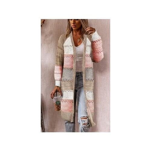 Autumn Womens Long Cardigan Patchwork Open Front Knitted Sweater Coat Long Sleeve Ladies Casual Sweater Kimono Draped Coat