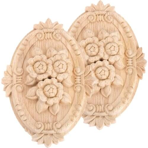 2Pcs Wood Carved Applique Frame Onlay Unpainted Furniture Decoration Unpainted Oval Patterns 21X15cm