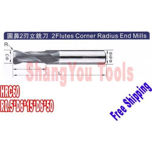3pcs 6mm hrc60 R0.5*D6*15*D6*50 2 Flutes Milling tools Mill cutter Carbide Corner Radius End Mill CNC router bits