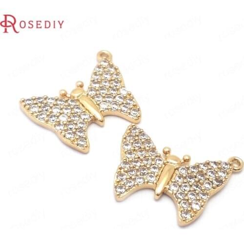 38873)4PCS 24K Champagne Gold Color Brass and Zircon Butterfly Charms Pendants Jewelry Making Supplies Diy Findings Accessories
