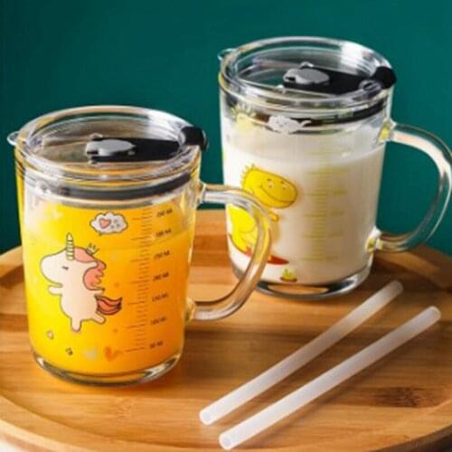 400ml Childrens Glass Scale Milk Cup Cartoon Glass Jug Juice Cup With Straw Drinker Water Cup Drinker Milk Glass