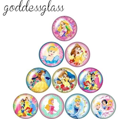 Disney Princesses Cinderella Belle ariel 10pcs 12mm/18mm/20mm/25mm Round photo glass cabochon flat back Necklace Making findings