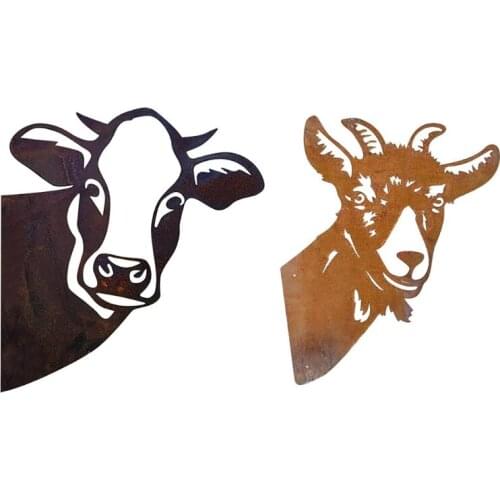 E7CB Peeking Cow Goat Animal Metal Art Wall Decoration Cute Farmhouse Carved Silhouette Hollow Out Statue Farm Fence Ornament
