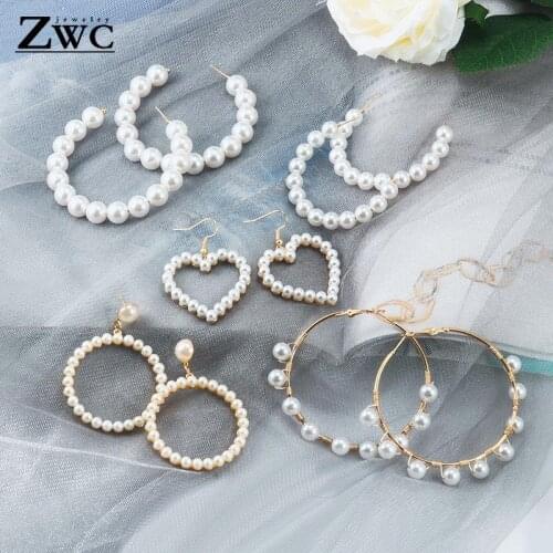 ZWC Elegant Geometric White Natural Imitation Pearl Heart Drop Earrings For Women Metal Big Round Pearl Earring Korean Jewelry