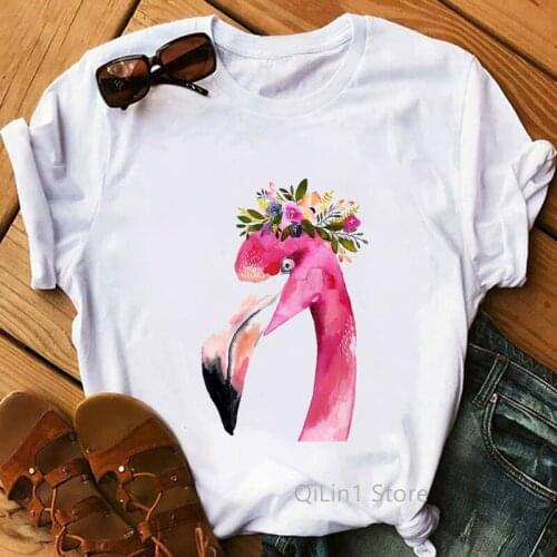 Watercolor Flowers Flamingo Animal Print Tee Shirt Femme Summer White Camiseta Mujer Top Female T-Shirt Graphic T Shirts Tumblr