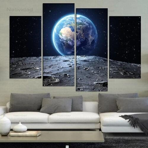 4 Pieces Canvas Painting Abstract Earth View From Moon Asteroid In Space Posters and Prints for Living Room Decor No Frame