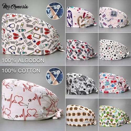 Adjustable Fashion Print Scrub Hat Dust-Proof Cap Cotton Nurse Cap Bandage Men Women Surgical Hat Cap Gorros Quirurgicos Mujer