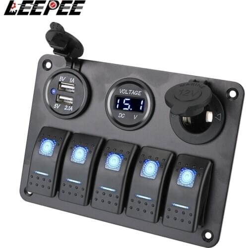 LEEPEE With Fuse Waterproof Dual USB Slot Socket 12/24V Outlet Combination 5 Gang LED Rocker Switch Panel Digital Voltage