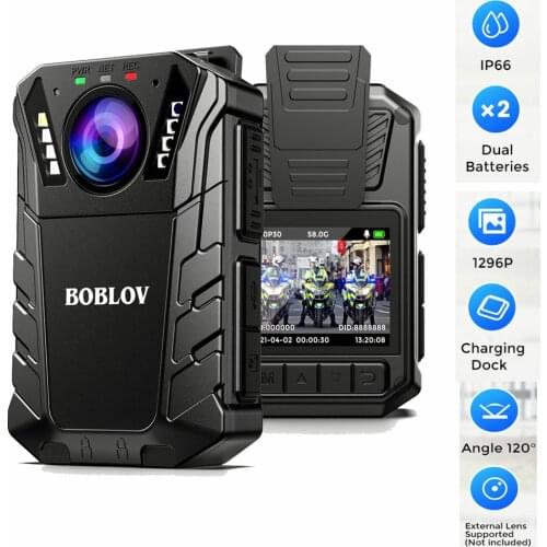 BOBLOV KJ09 Mini Body Camera Full HD 1296P Body Mounted Camera Built-in SD Card 64GB IP66 Waterproof Support External Lens Cam