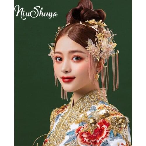 NiuShuya New 2020 Chinese Traditional Silk Yarn Bridal Headpiece Costume Pink Hairpins Tassel Wedding Jewelry Hair Accessories