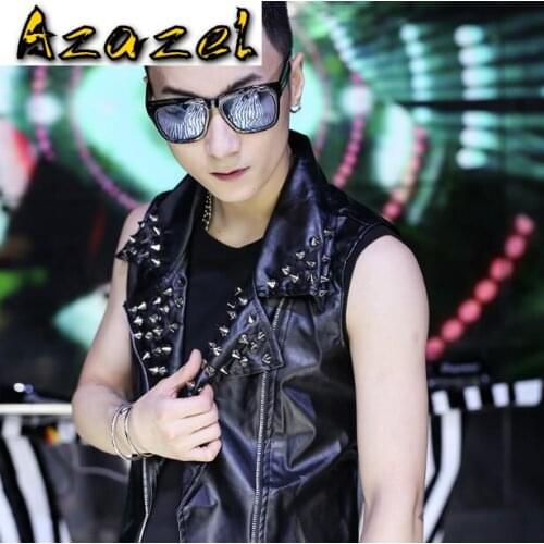 New Bar nightclub male singer DJ jacket DS tide stage costume Rivet Motorcycle leather vest Rock hip-hop men women PU waistcoat