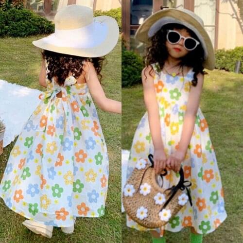Girls Flowers Princess Dresses 2021 Fashion Summer Girl Kids Holiday Vestidos Korean Children Bow Backless Costume 3-7Y
