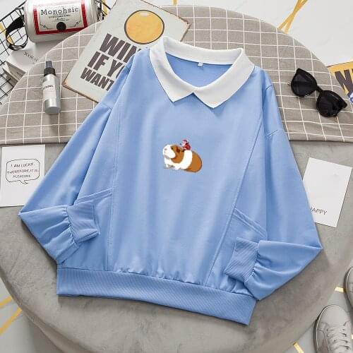 Kawaii Printed Guinea Pig Pullover Sweatshirt Cotton Cartoon Harajuku Long Sleeve Hooded Casual Losse Clothing Chic Pink Tops