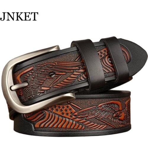 JNKET New Mens Genuine Leather Belt Eagle Carved Cowhide Girdle Casual Pin Buckle Jeans Waistband