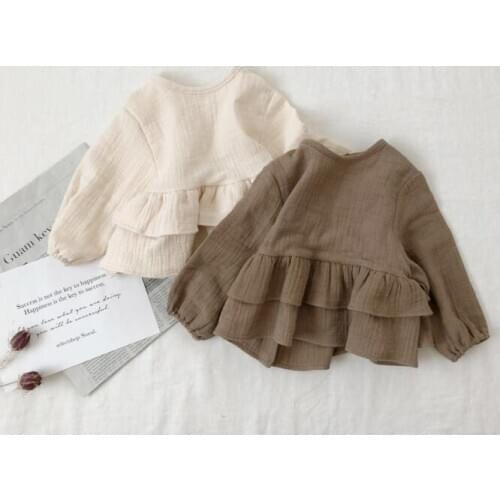 2021 Spring New Baby Girls Shirts Korean Solid Child Long Sleeve Tshirt Ruffle Cotton Linen Soft Tops for Girls Kids Clothing