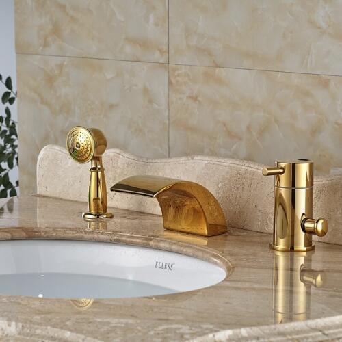Deck Mount Gold Bath Taps Single Lever Widespread Waterfall Tub Mixes with Handshower