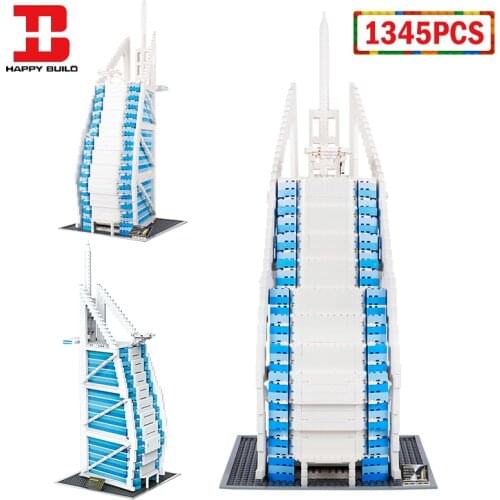 Happy Build 1345pcs City Street View Architecture Building Blocks World Famous Dubai Sailing Hotel Bricks Toys for Children Gift