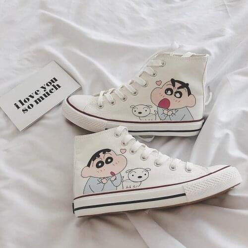 Women High Top Anime Crayon Jointly Hand-Painted Canvas Shoes Japanese Students Graffiti Cartoon Casual Vulcanize Sneakers