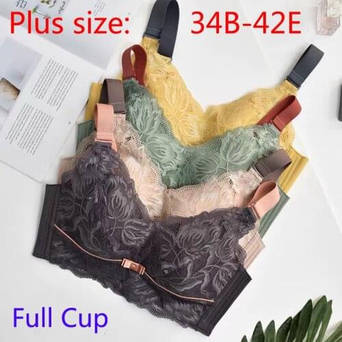 Nadaingaa Hot Full Cup Underwear Plus Size Wireless Adjustable Womens Sexy Bra Breast Cover B C D E Cup Large Size Lace Bras