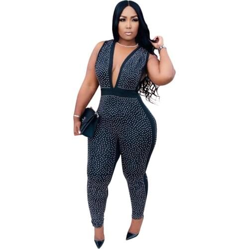 Deep V-Neck Skinny Sexy Jumpsuit Women Summer Sequins Party Wear Halter Sleeveless Streetwear Outfit Fitness Backless Overalls