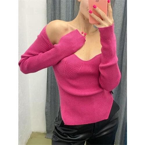 Tossy Long Sleeve Sweater 2021 Autumn Women Knit Ribbed Top Ladies Casual Knitted Tops Pullover Off-Shoulder Knitwear Black