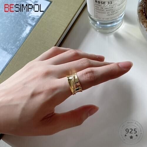 Besimpol Real 925 Sterling Silver Ring Unique Linear Smooth Simple Ring Adjustable Ring for Women Fashion Fine Jewelry Gifts