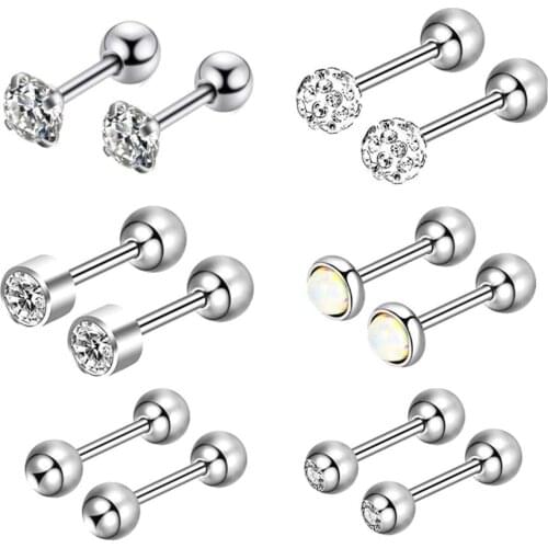 6 Pairs Set Surgical steel Ear Studs Clean Cubic Zirconia Tragus Cartilage Body Piercing Jewelry Gift for Women Men