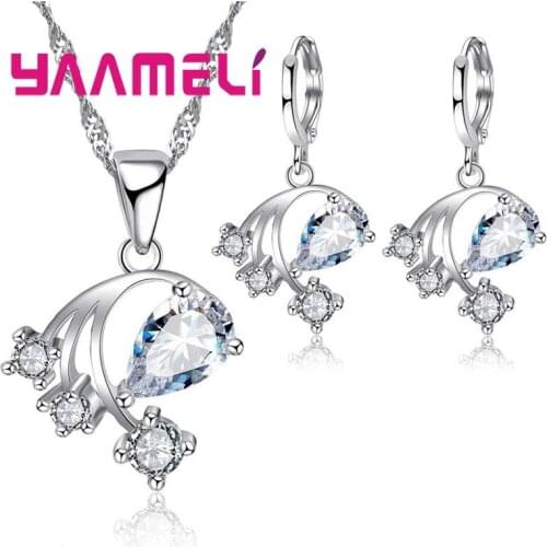 Shiny Earrings Necklace Pendant Wedding Jewelry Set White AAA CZ Fashion Jewelry Set 925 Sterling Silver for Gilrs Party