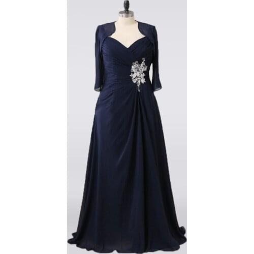 Long Chiffon V-Neck Mother of the Bride Dresses with Sleeve Chiffon Navy Blue Wedding Party Gowns for Women