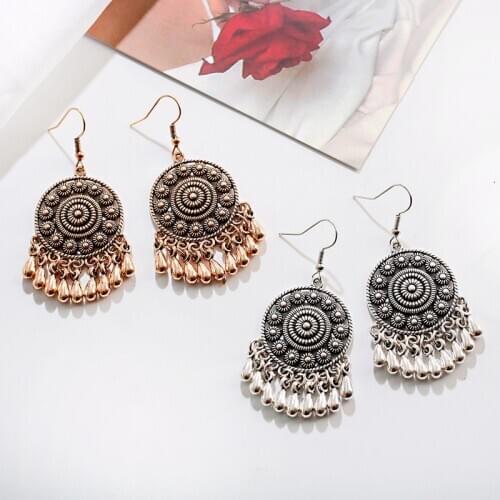 Ethnic Round Silver Color Drop Earrings Jewelry Earrings For Women Vintage Alloy Tassel Boho Indian Earrings