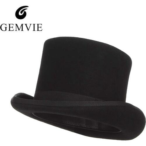 GEMVIE 13.5cm 100% Wool Felt Top Hat For Men Fedoras For Women Mad Hatter Costume Cylinder Hat Gentleman Derby Hat Magician Cap