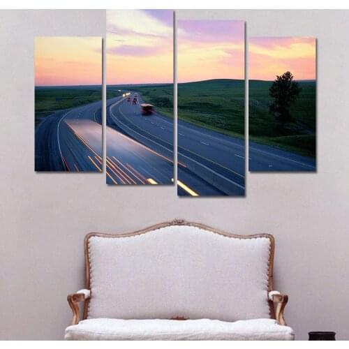 Canvas Art Painting 4 Pieces Sunset Road Landscape Wall Art Print Poster Modern Home Decor for Living Room Home Without Frame