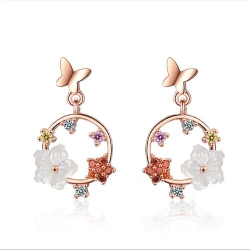 Korean temperament fashion trend colorful shell small fresh butterfly flowers silver plated stud earrings WE032
