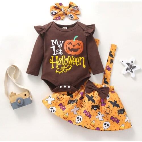 Pudcoco Baby Girl’s Three Piece Suit Cute Halloween Print Long Sleeve Romper and Suspender Skirt with Headband