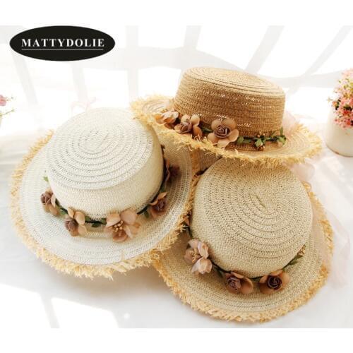 MATTYDLIE Wholesale Straw Hat Flowers Wide-brimmed Flat Top Childrens Hat Summer Beach Hat Man Woman Parent-child Sun Hat