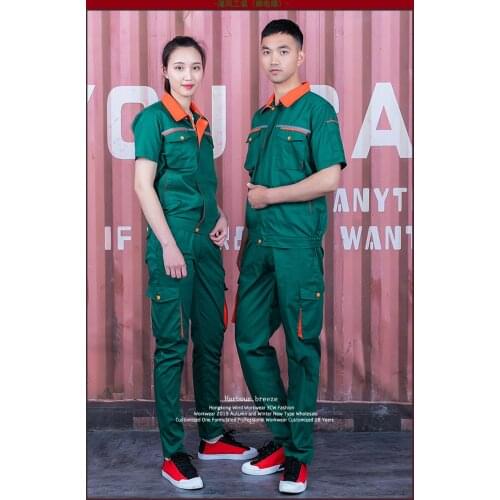 Mens Short Sleeve Jacket Long Trousers Green two pieces factory set labor Workshop Uniforms C12