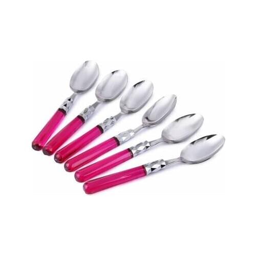 Acrylic Handle Pink Color 6'LI Platinum Dessert Spoon Set