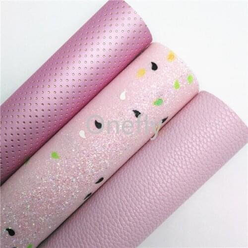 Onefly 21X29CM Pink Glitter Leather, Dots Embossed Faux Fabric Sheets For Bow DIY handbags shoes BQ015