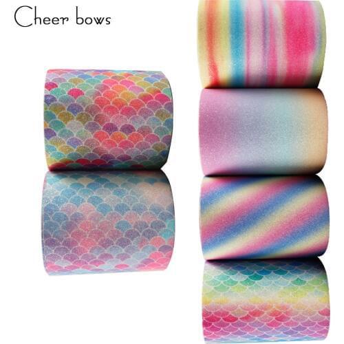 Wholesale 3''75mm Mermaid Glitter Ribbon Rainbow Shiny Fabric DIY Hairbows Accessories Gift Package Handmade Material