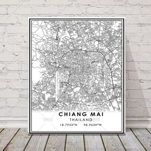 Map print poster canvas poster canvasWorld City CHIANG MAIMap Black White MapPoster Picture Art
