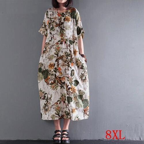 Large size womens dress plus size 5XL 6XL 7XL 8XL summer round neck short sleeve loose casual large flower print dress