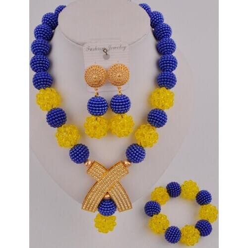 Latest Royal Blue and Yellow African Beads Jewelry Set SP-2-6