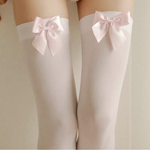 Sexy Womens Hosiery Pink Bow Stay Up Thigh High Silk Stockings Hose.Ladies Sweet Bow Stockings Pantyhose.2 Colors