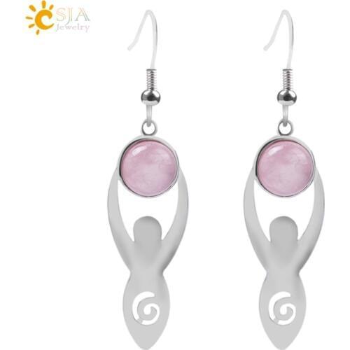 CSJA Natural Stone Earrings Pink Quartz Drop Earring Jewelry Tiger Eye Green Aventurine Black Onyx Crystal Round Bead Girl F061