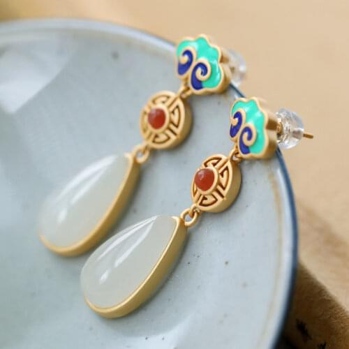 S925 Sterling Silver Inlaid Natural Hetian Jade Small Water Drop Retro Ruyi Stud Earrings Elegant Chinese Style Ladies' Earrings